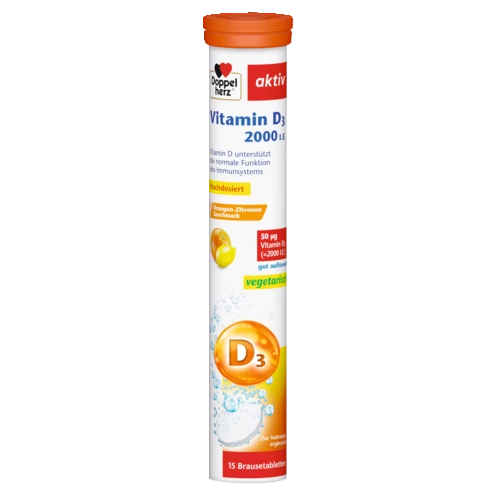 Abbildung der Produktverpackung Doppelherz aktiv Vitamin D3 2000 I.E. Brausetabletten Frontansicht